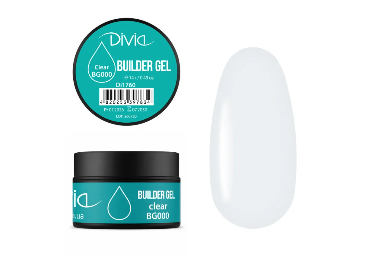 Гель для нарощування нігтів Divia Builder Gel BG000 Clear (прозорий) Di1760 (14 г)