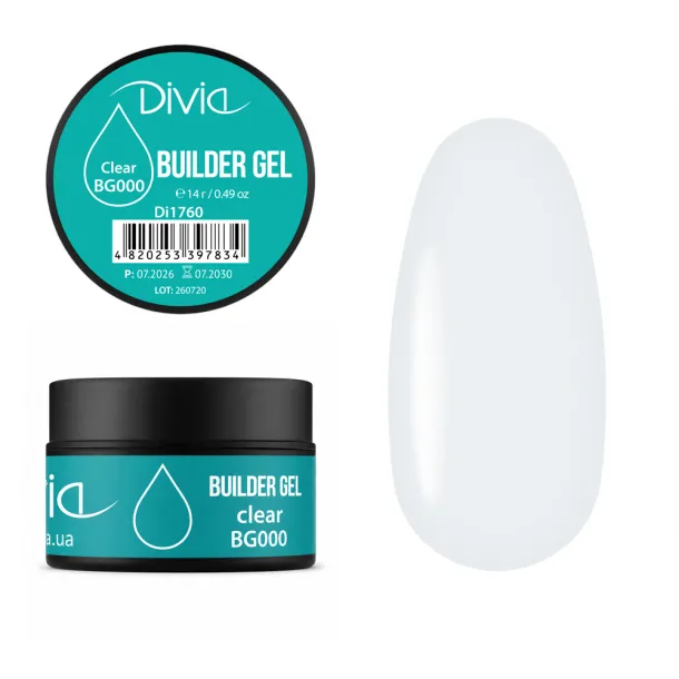 Гель для нарощування нігтів Divia Builder Gel BG000 Clear (прозорий) Di1760 (14 г)