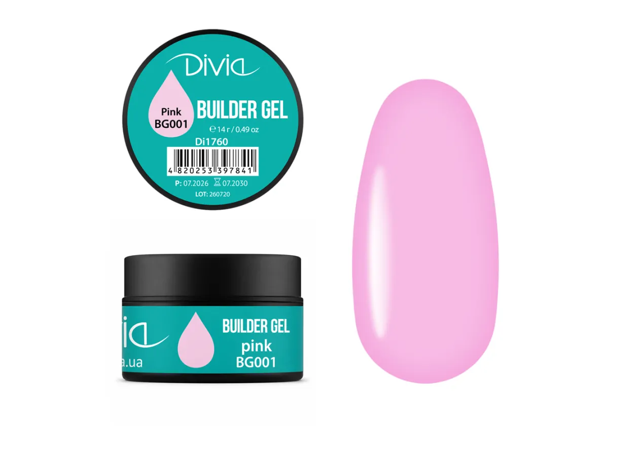 Гель для нарощування нігтів Divia Builder Gel BG001 Pink (рожевий) Di1760 (14 г)