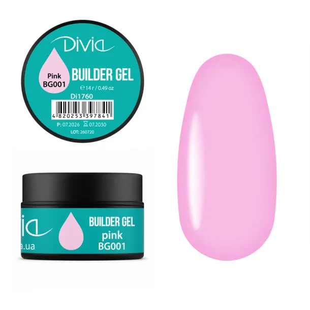 Гель для нарощування нігтів Divia Builder Gel BG001 Pink (рожевий) Di1760 (14 г)