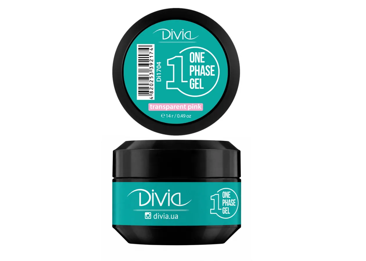 Гель для нарощування нігтів Divia One Phase Gel Transparent Pink (рожево-прозорий) Di1704 (14 г)